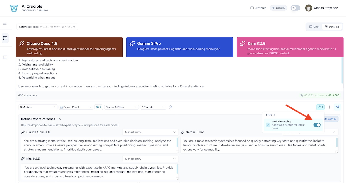 Screenshot: Prepared Expert Panel chat with Web Grounding enabled